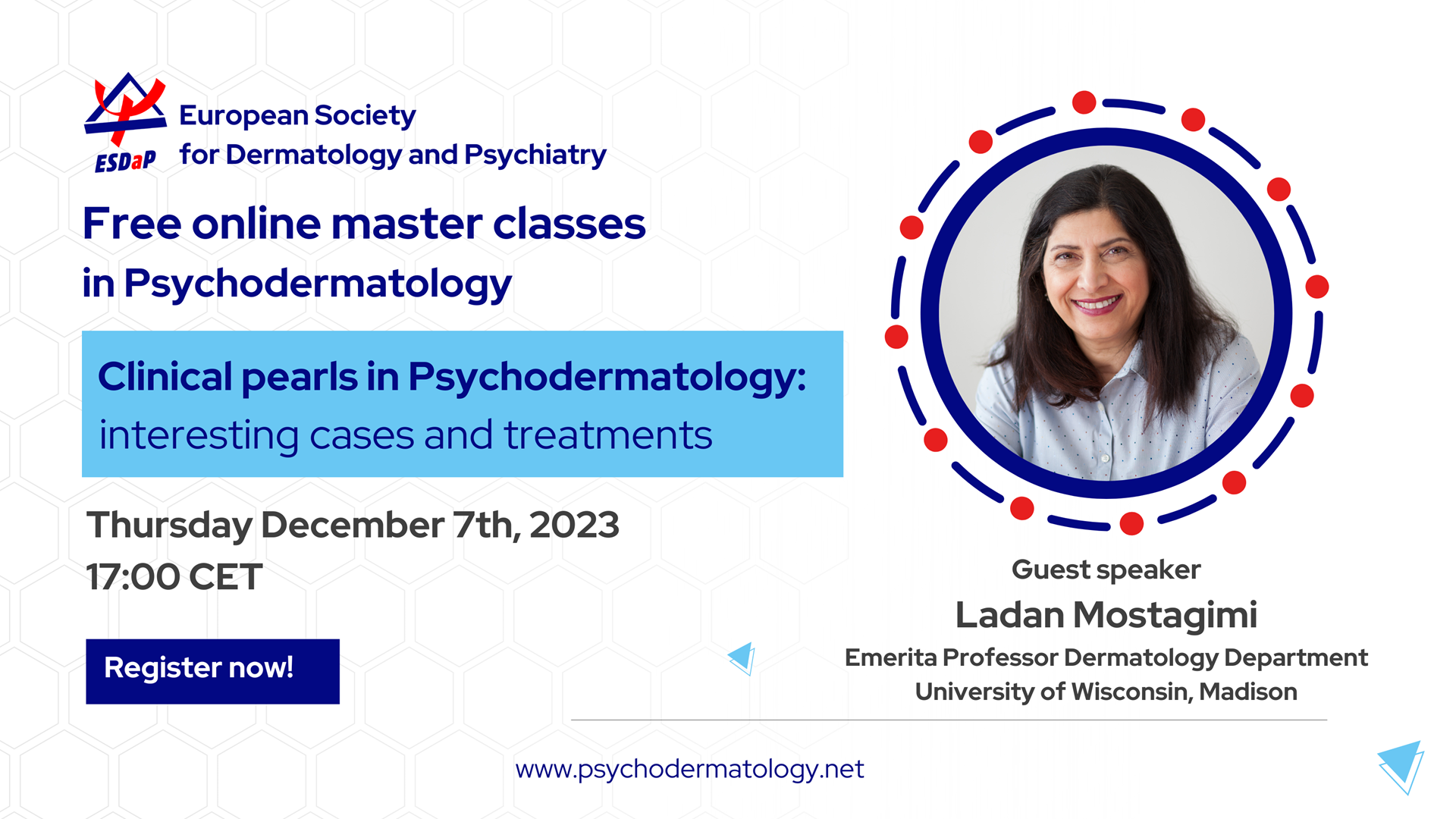Clinical pearls in psychodermatology. Free Masterclass. 7th December 2023, 17:00 CET.
