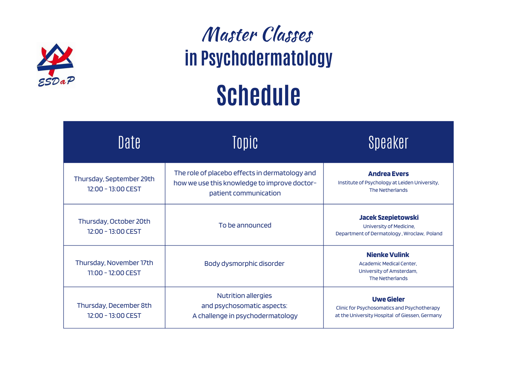 Schedule for Master Classes in Psychodermatology